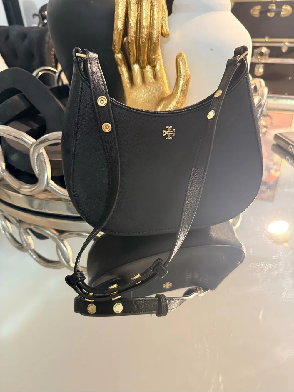 Tory Burch Black Saffiano Leather Shoulder Bag with Gold Hardware